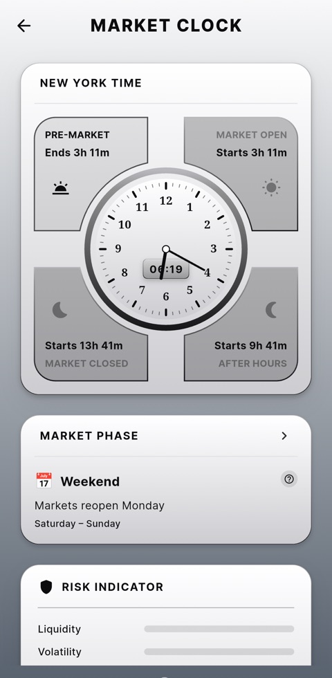 Market clock screen with a New York time dial, session phases and a risk indicator